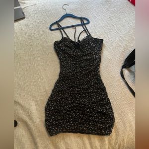 Black runched floral mini dress